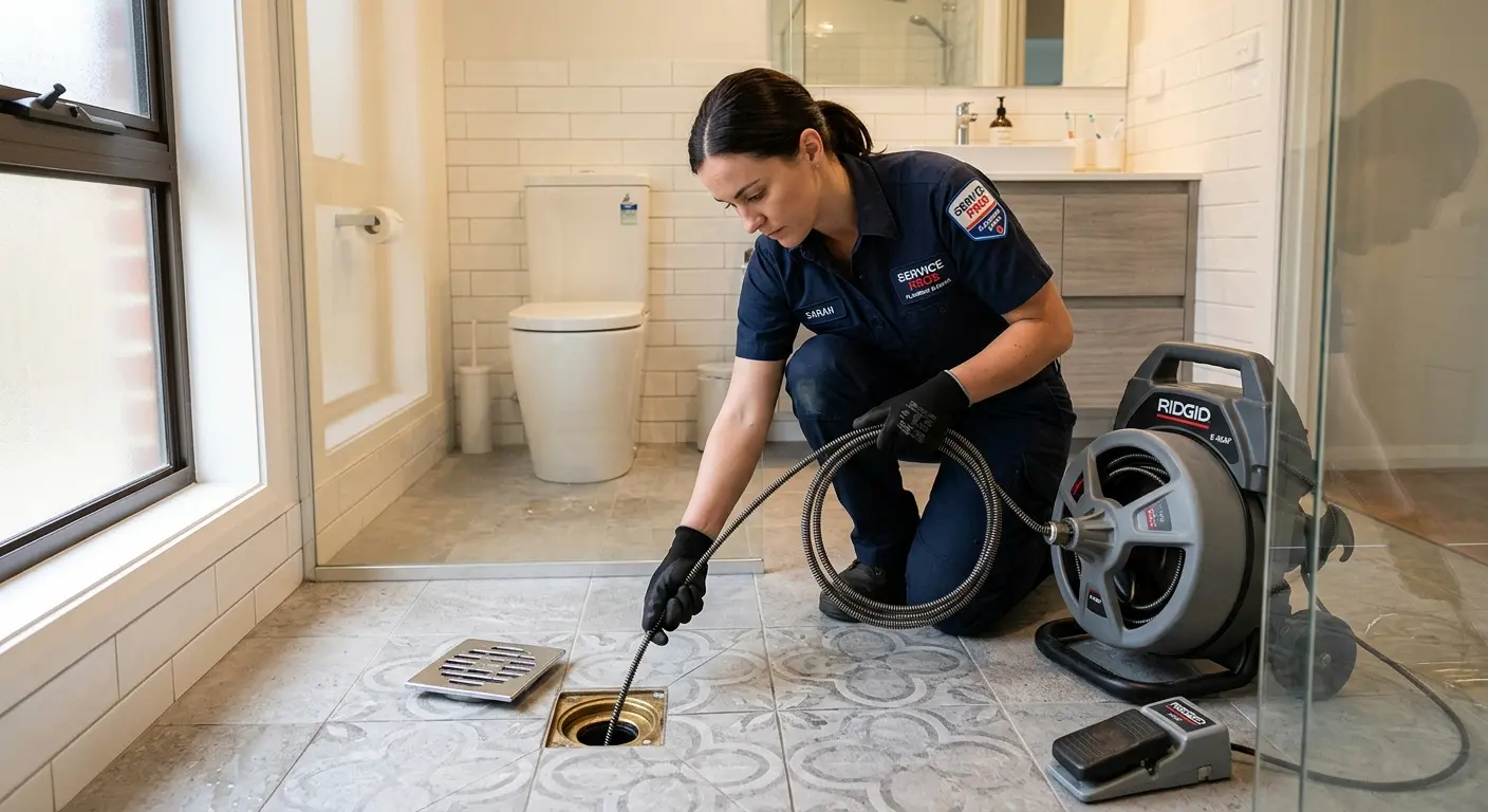 Technician clearing a bathroom floor drain for Drain Repair in Quincy